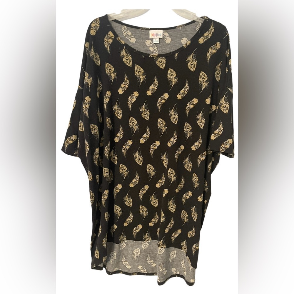 Lularoe Irma Black and Gold Feather Print Top